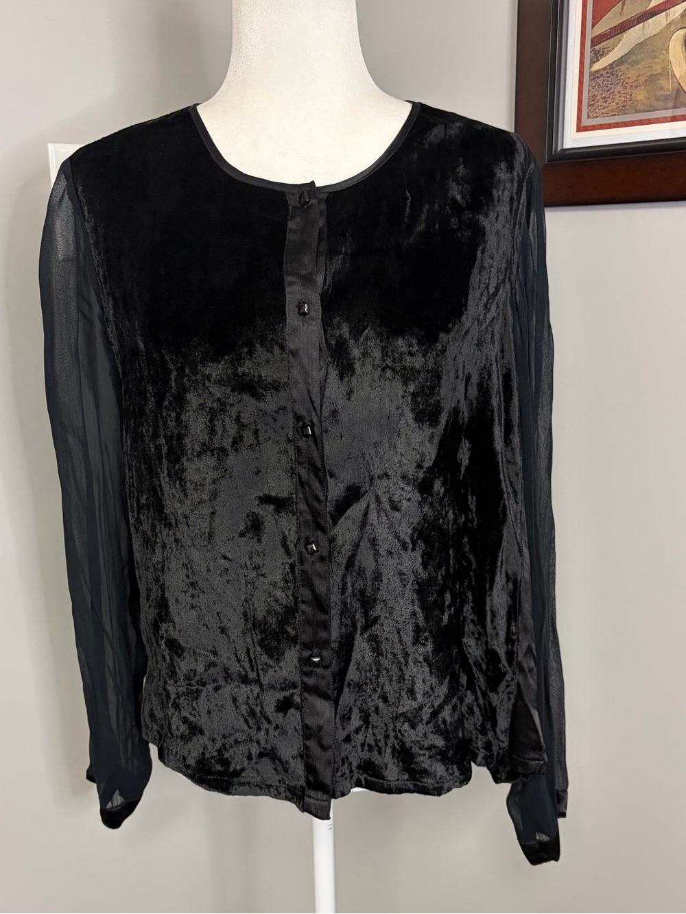 Vintage April Cornell black velvet sheer sleeves button down top size Medium 90s